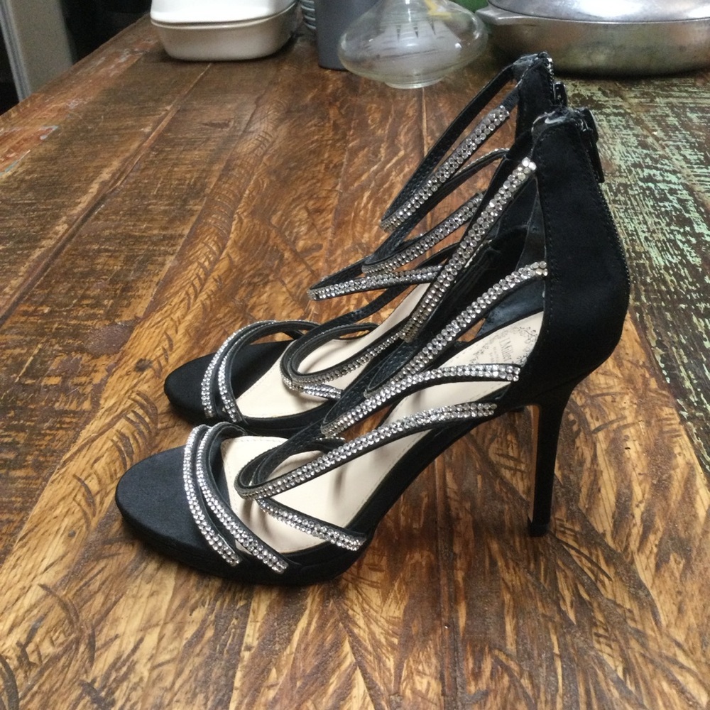 J. Miller Black Satin Rhinestone Embellished Strappy Stiletto Heels Size 7 - Picture 6 of 12